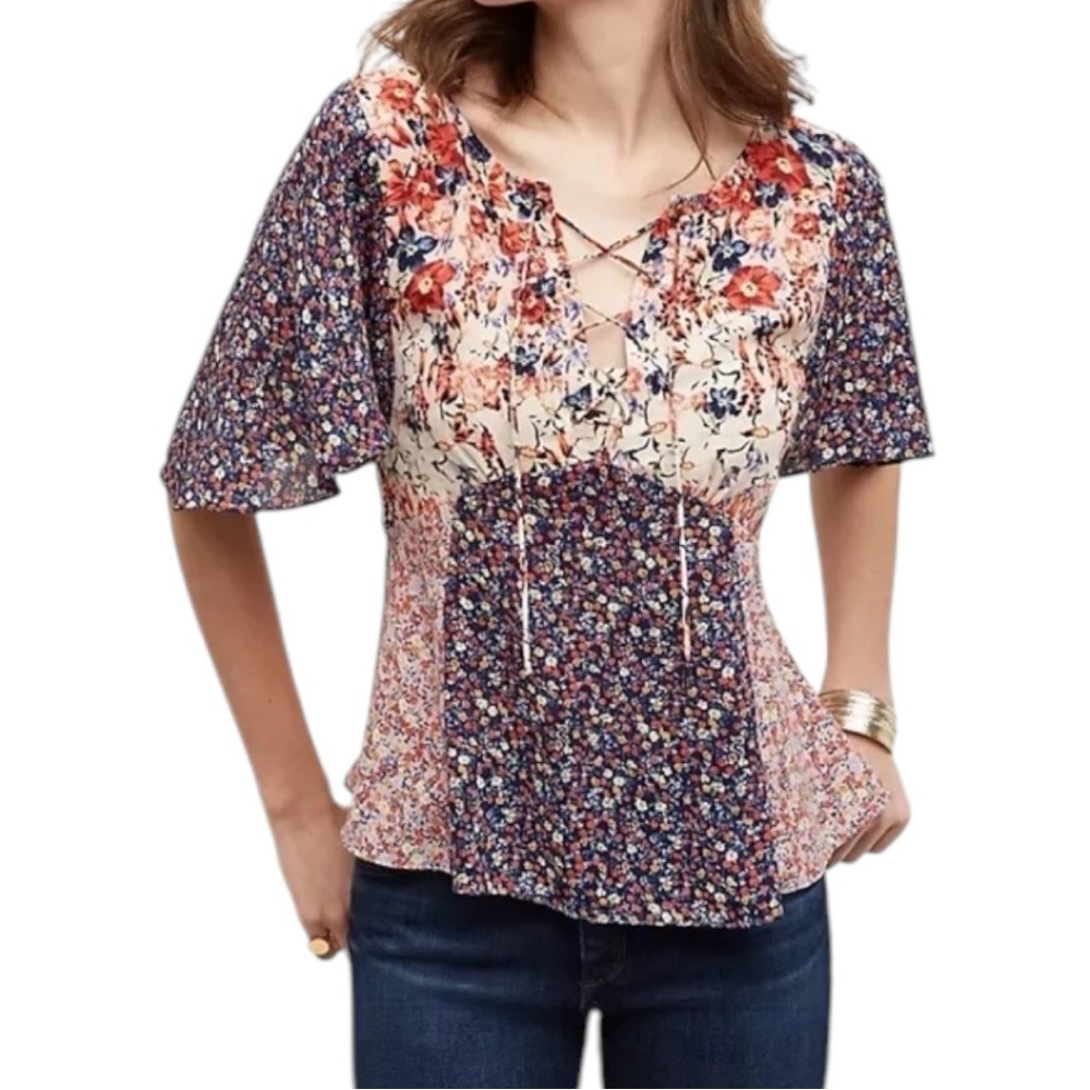 HD in Paris Women’s Palo Alto Lace-Up Flutter Sleeve Floral Blouse Sz 8